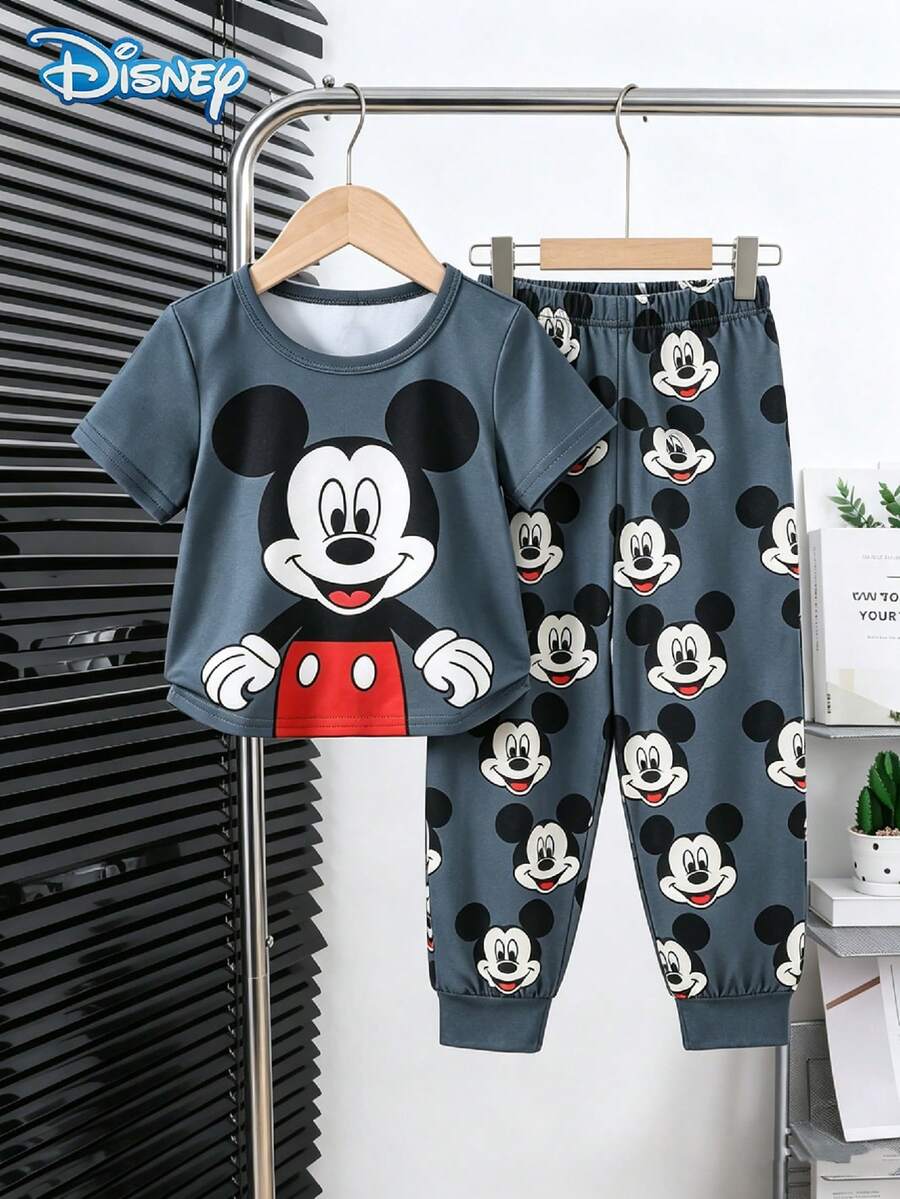 Disney 迪士尼男婴可爱大头米奇印花休闲短袖弹力腰柔软针织长裤睡衣套装 - 灰色 - 查看 1
