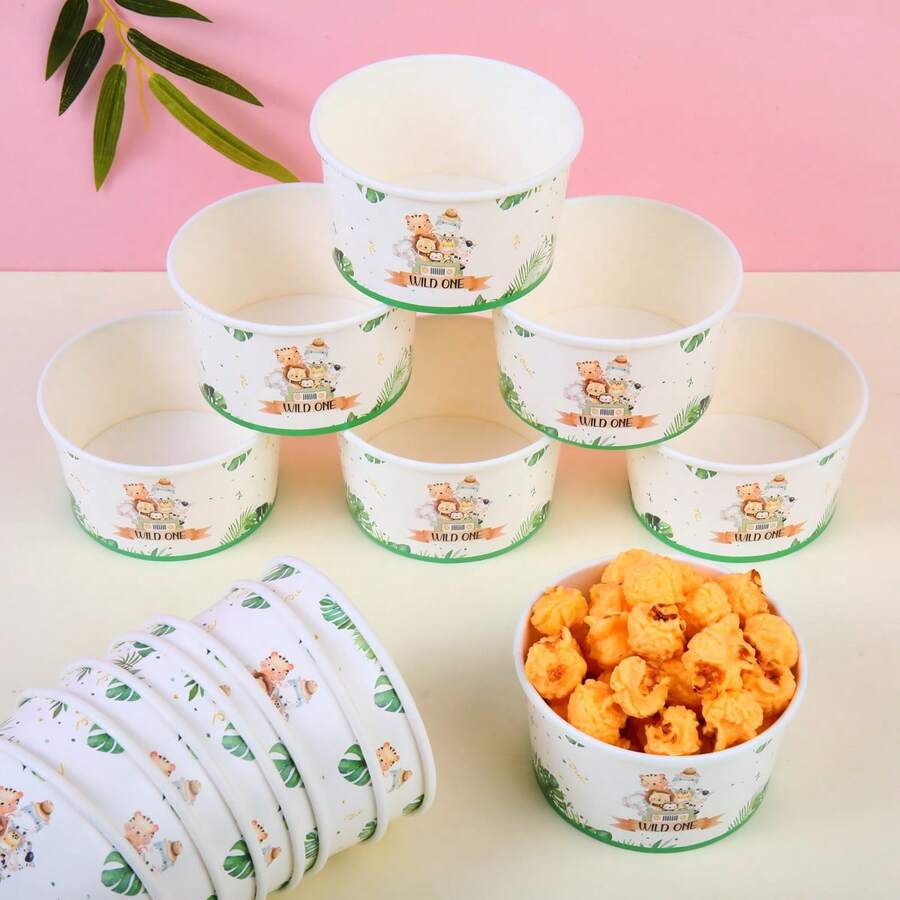 24/40/48 pièces Bols en papier jetables à motif animal, Coupes à glace, Boîtes à pop-corn, Convient pour la maison, la cuisine, les restaurants, les pique-niques, les fêtes, les fournitures de cuisine, l'emballage alimentaire, la vaisselle pour anniversaire, la livraison de nourriture et l'usage quotidien, les plateaux alimentaires, la vaisselle jetable - anniversaire d'un animal d'un an - Voir 1