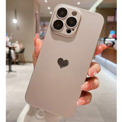 Luxury Solid Color Ultra-Thin 0.8MM PC Painted Leather Oil Light Pink Heart Pattern Painted Precision Hole With Dust Net Lens Protector Phone Case For IPhone 17 Pro Max, 16 Pro Max, 15 Pro Max, 14 Pro Max, 13 Pro Max, 12 Pro Max, 11