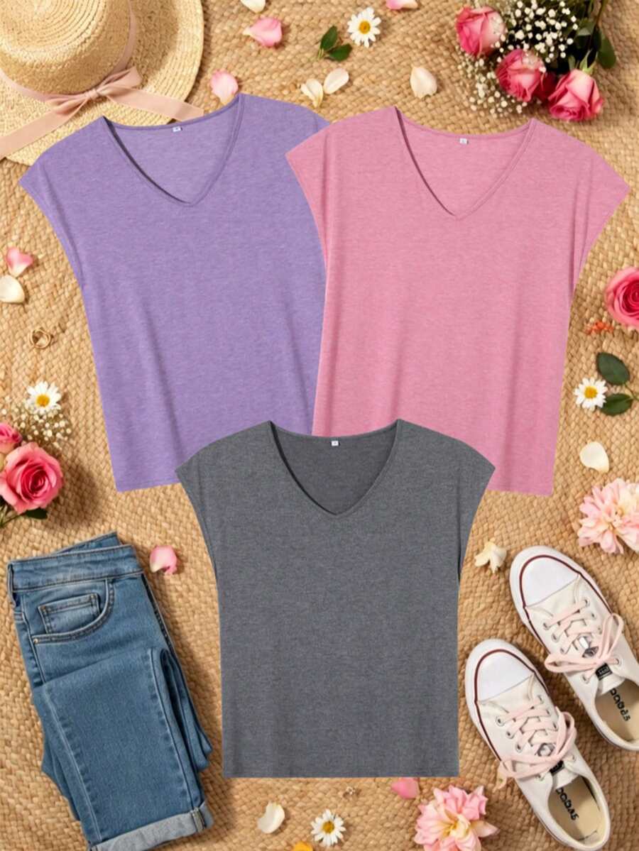 Vest Top Women Color Cotton Solid V - Neck Tank Top 3 - Pack Skin - Friendly Breathable Basic Inner/Top De Mujer Outer Wear Summer Tops For Vacation - Purple + Rose Red + Gray - View 1
