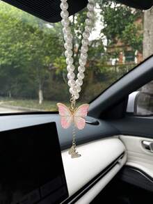 Faux Pearl Butterfly Car Pendant, Creative Car Hanging Decor, Rearview Mirror Accessory, Car Interior Decoration - Butterfly Style - View 12