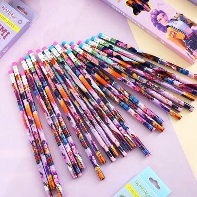12 pezzi/scatola Matite da esorcismo a cartoni animati con gomme da cancellare per ragazze, uso scolastico, adatte per il ritorno a scuola, regali per feste, forniture scolastiche