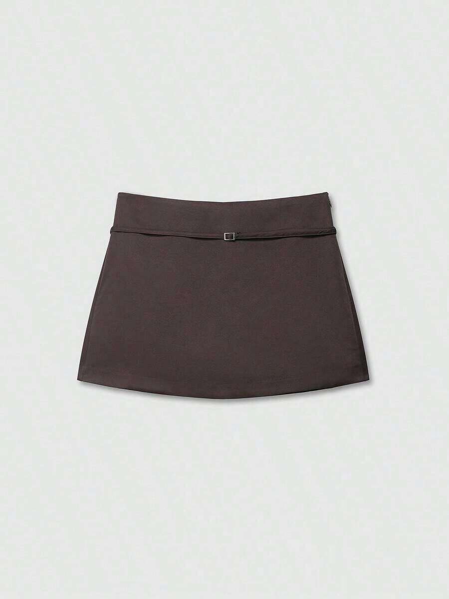 Minimalist Black High-Waisted Midi Skirt With Belt, Slimming And Versatile A-Line Short Style