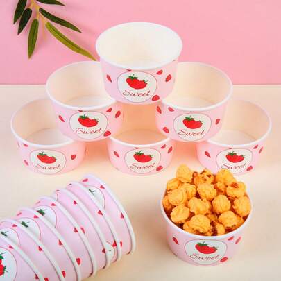 24/40/48个装甜美草莓图案一次性纸碗、冰淇淋杯、爆米花盒，适用于家庭厨房、餐厅外卖、野餐、派对、厨房用品、食品包装、生日派对餐具、食品配送和日常使用，可用作食品托盘、一次性餐具。