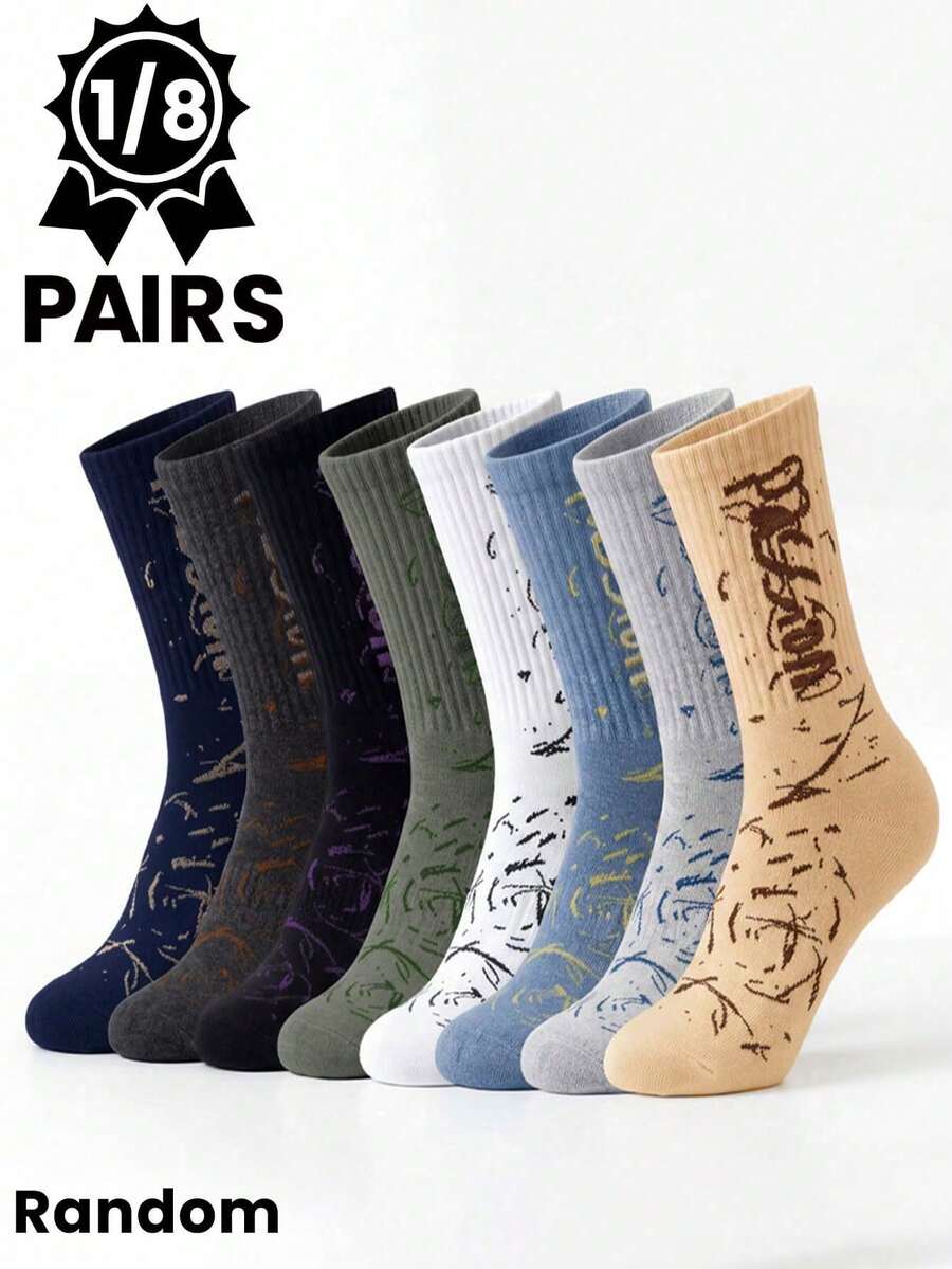 1/8 Pairs Unisex Random Color Letter Graffiti Mid-Calf Socks, Breathable Moisture-Wicking, Street Style Suitable For Daily, Sports, Basketball Outfits
