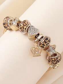 A Stylish Single-Layer Bracelet For Teen Featuring A New Leopard Print Crown Design With Beads, Exuding Elegance And Allure - Multicolor - View 4