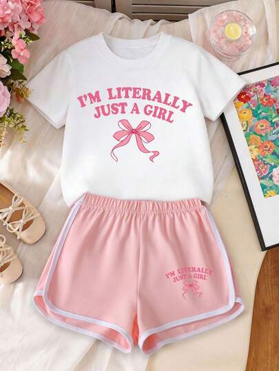 Fashionable Versatile Set For Tween GirlsLetter & Bow Minimalist Print, Loose Soft Short Sleeve Top + Shorts, Suitable For Home, Air-Conditioned Rooms And Outdoor Shopping
