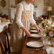 Cotton Linen Cross Back Apron For Women, With Pockets For Gardening Chef Work - 花卉米黃色 - 查看 7