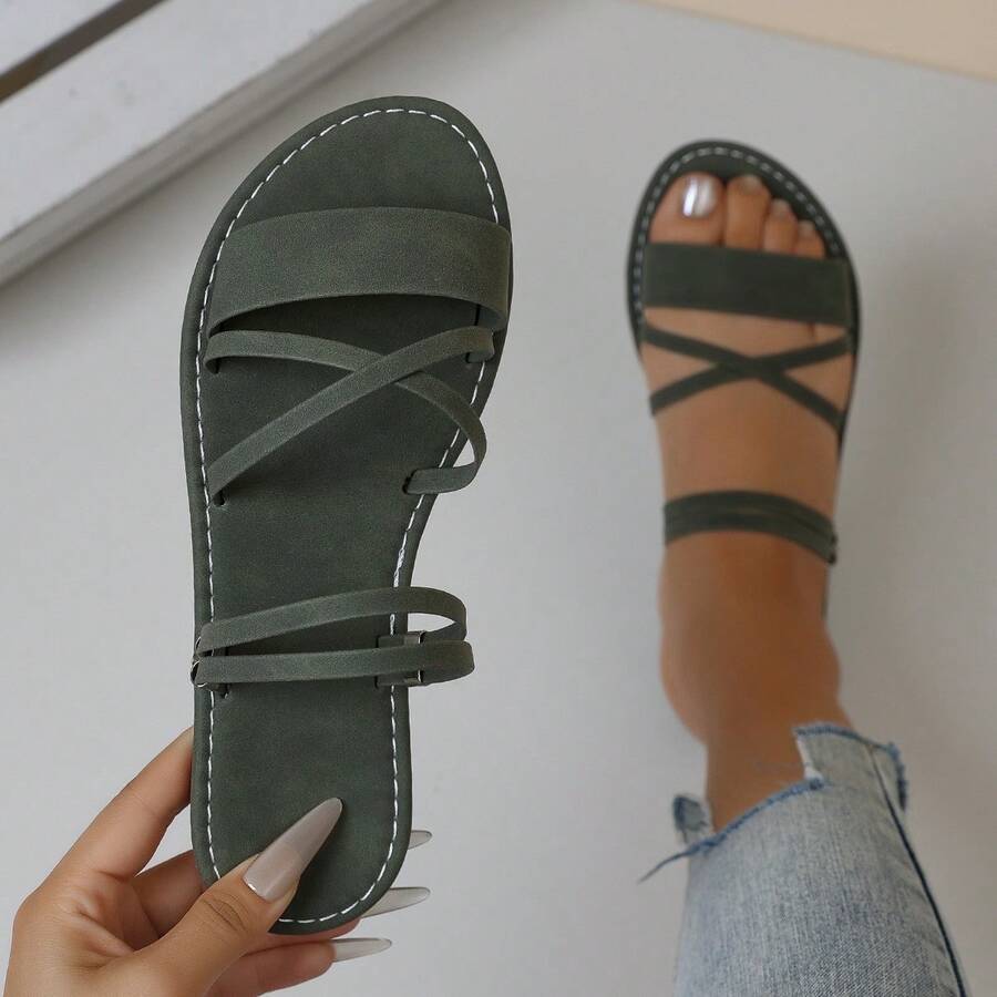 Women's Stylish Criss - Cross Strap Slide Sandals, Open Toe, Flat Heel, Chic Style, Green, Faux Suede Material, Summer Daily & Vacation Shoes - 綠色 - 查看 1