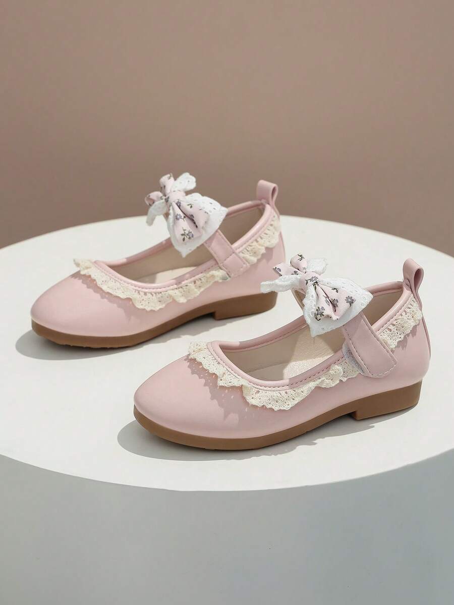 2026 Primavera/Otoño Nuevos Zapatos de Princesa de Niña con Encaje, Perla y Lazo Mary Jane, Suela Suave Antideslizante para Primeros Pasos de Bebé, Zapatos de Cuero Versátiles para Bebés y Niños Pequeños - Rosa - Ver 1