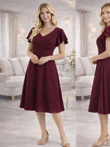 Women's Midi Dress With Ruffled Sleeves, Loose Fit, Adjustable Waist, Suitable For Evangelical, Formal, And Casual Occasions. - Màu Đỏ Sâu - Xem 2