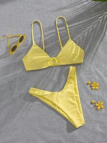 Women's Solid Color Metal Ring Bikini Set With Detachable Straps, High Elasticity Fabric Beach Holiday Bikini Set, Fashionable And Comfortable Swimwear Set, Suitable For Summer Vacation, Beach Leisure And Holiday Wear - Yellow - View 2