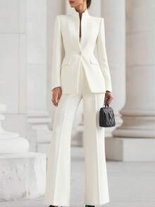 2026 European And American New Women's Fashion Casual Texture Women's Long Sleeved Solid Color Pocket One Button Small Suit+Long Suit Pants Two-Piece Set, High-End And Versatile Temperament Top Women's Coat - 白色 - 查看 3