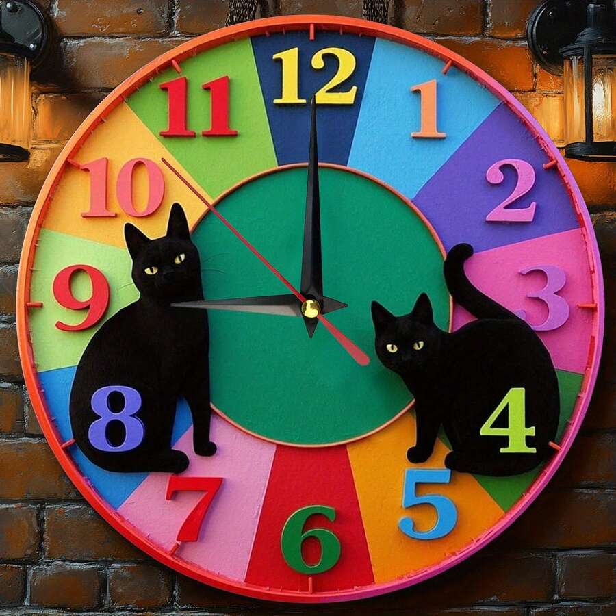 Vintage Cat-Themed 2D Wooden Round Wall Clock, Farmhouse Style Home Decor, Suitable For Kitchen, Bedroom, Office, Silent Operation, Battery Not Included, Perfect Gift For St. Patrick's Day And Mother's Day, Dimensions Are 9. 8X 9. 8inch, Centerpiece, Living Room Furniture, Bedroom Items, Home Decor, Living Room Home Decor, , Furniture - A - View 1