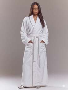 1 pieza Bata de baño con mangas, cuello de solapa, bata larga, unicolor, felpa de coral, suave, absorbente, para el hogar, hotel, piscina, salón, uso personal, regalo - Blanco - Ver 4