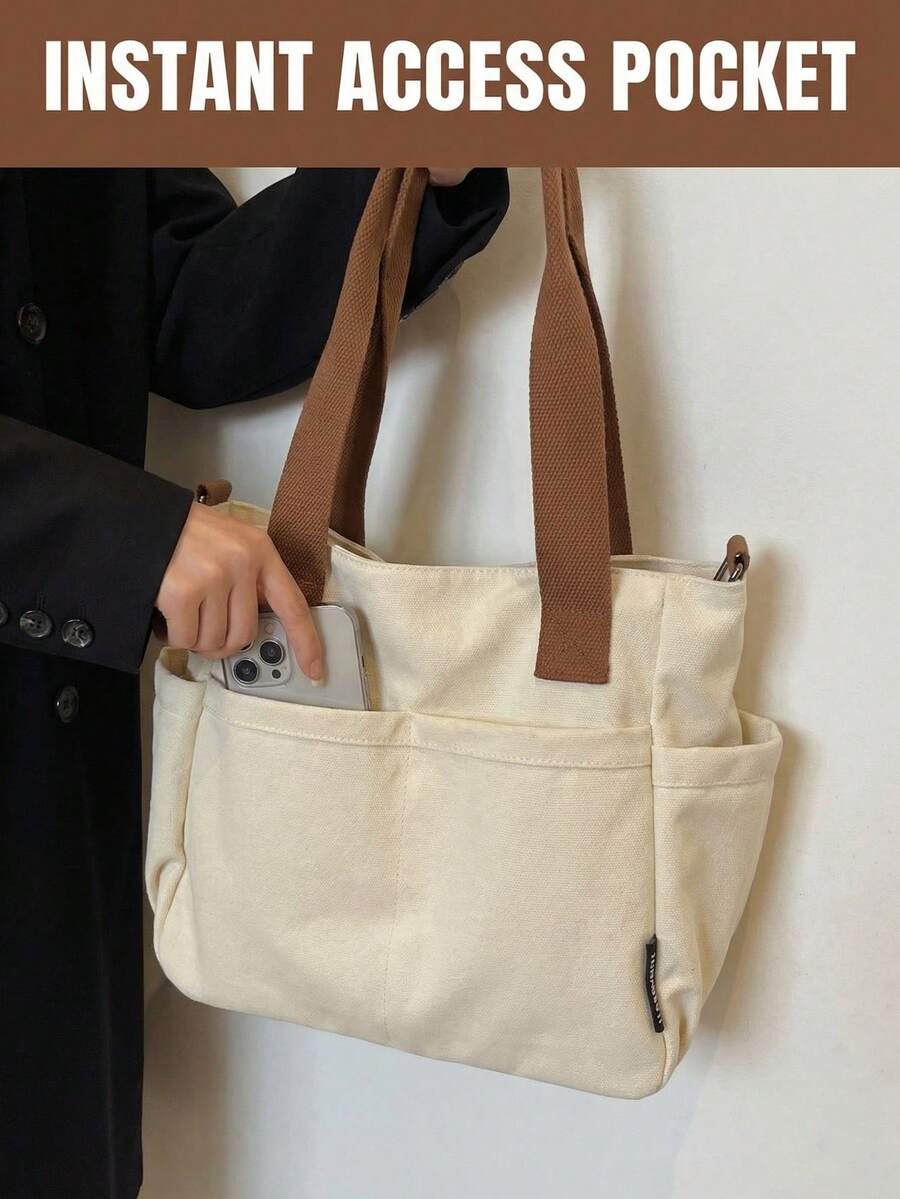 可攜式斜背包 多口袋設計 大容量帆布托特包 男女通用 功能性手提包 適合辦公通勤健身房 多功能週末旅行包 日常使用輕便旅行包 開學旅行必備配件