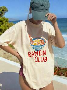 Women's Casual Round Neck Short Sleeve T-Shirt, Featuring Fun Japanese Ramen Bowl Print And Bold "RAMEN CLUB" Text Design, Soft And Comfortable, Blending Japanese Retro Street And American Retro Food Styles, Suitable For Ramen Shops, Anime Fans Gatherings, Campus Casual Wear, And Leisure Outings Vacation,2026 Casual Cute Graphic Tee Perfect For Holiday & Party,Summer Outfits For Women - 杏色 - 查看 7