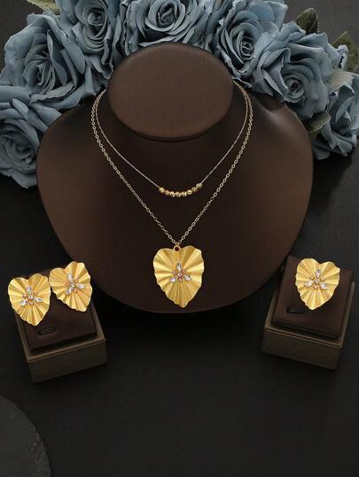 Bộ trang sức mặt dây chuyền hình lá mạ vàng 18K 4 món, dây chuyền đôi sang trọng đính ngọc trai, bông tai và nhẫn, điểm xuyết đá Zirconia siêu nhỏ, thích hợp cho tiệc cưới, dạ hội, món quà tuyệt vời cho các dịp lễ.