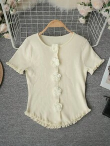 新款春夏法式風情 3D 花朵圓領短袖針織 T-shirt，不對稱荷葉邊下擺短版上衣，女款 - 杏色 - 查看 9