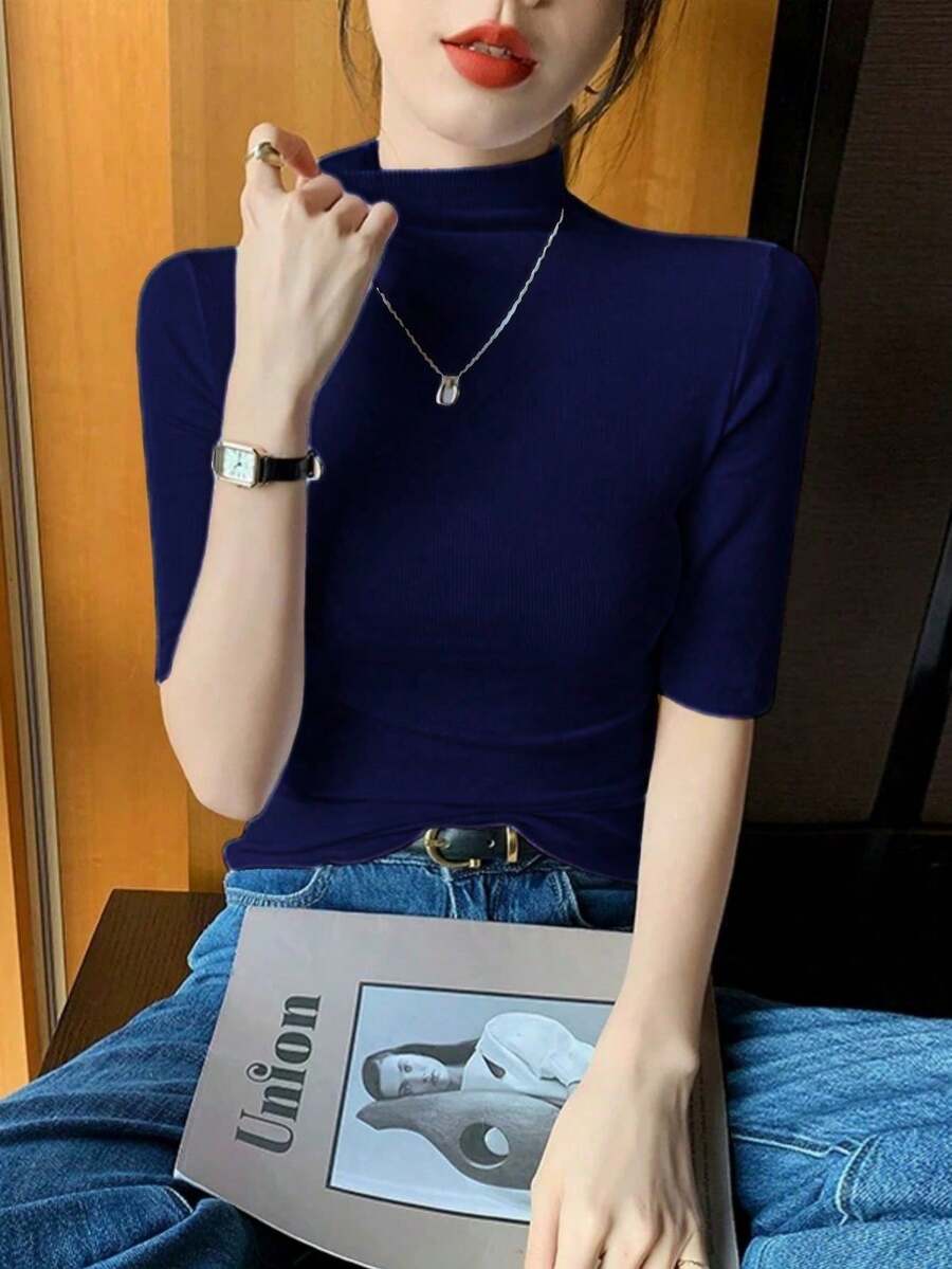 Women's Knit Blouse With High Neck And Short Sleeves, Simple, Ribbed Fabric, Sizes S, M, L - Royal Blue - View 1