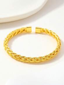1pc 18K Gold Plated Braided Open Bangle Bracelet, Suitable For Parties, Daily Wear, And Gift Giving - Gold - View 7