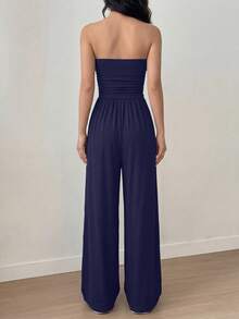 Women Summer Strapless Tube Top Ruched Wide Leg Pants Jumpsuit Casual Spring Holiday Beach Vacation Airport Sleeveless Rompers Outfits - Màu xanh hải quân - Xem 2