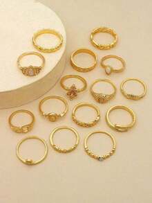 15pcs Gemstone & Rhinestone Decor Ring , A Combination Of Light Luxury And Sparkling Rhinestone Rings In Multiple Styles. Retro And Delicate Gemstone Stackable Rings, Perfect For Daily Wear, Commutes, Dates, Parties, And As Birthday Gifts For Girlfriends, Best Friends, Classmates, And Colleagues. Featuring Unique Design, High-End Vibe, And Personalized Style, These Pinky Finger And Tail Rings Are A Must-Have Accessory. - Gold - View 7