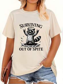 Plus Size - Raccoon Surviving Purely Out Of Spite-Shirt - Graphic Tee, Funny Sarcastic Shirt, Cute Animal Lover, Casual Crew Neck Tee, Breathable Summer Top - Birthday,, Valentine'S Day Women, Men, Friends, Family - 白色 - 查看 4