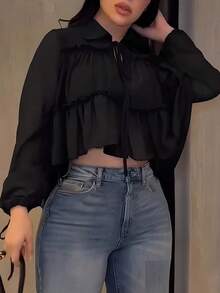 女士优雅休闲衬衫，不对称设计，翻领系带灯笼袖宽松衬衫，纯色梭织面料，褶裥下摆，适合日常、约会、度假、春夏穿着，黑色 - 黑色 - 查看 5