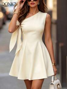DONICY Vestido feminino elegante com ombros assimétricos, branco, mangas drapeadas, corte em A, estilo casual chique, comprimento curto, ideal para festas. - Damasco - Ver 5