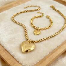 Women's Gold Heart Necklace And Bracelet Set - Luxury Jewelry 18k Gold Plated - 金色 - 查看 7