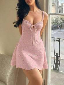 Women's Summer Floral Sexy Backless Elastic Camisole Mini Dress, Suitable For Daily Wear, Beach Vacation, And Photography Elegant - 淺粉色 - 查看 2