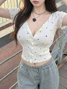 2026夏季新款性感浪漫韩版波点印花荷叶边短款开衫，少女修身短款上衣 - 白底黑點 - 查看 4