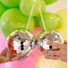 2pcs Sparkly Disco Ball Cup - Set Of 2/1 Silver Flash Ball Sipper With Straw, Leak Proof Tumbler For Bachelorette Party Favors, Retro Disco Themed Party Supplies - A - View 4