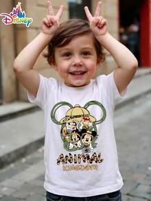 [Officially Licensed Disney] Mickey Mouse Head Print T-Shirt For Boys - Animal Kingdom Adventure, Cartoon Character Tropical Style Short-Sleeve, Summer Casual Cute Style - 白色 - 查看 2