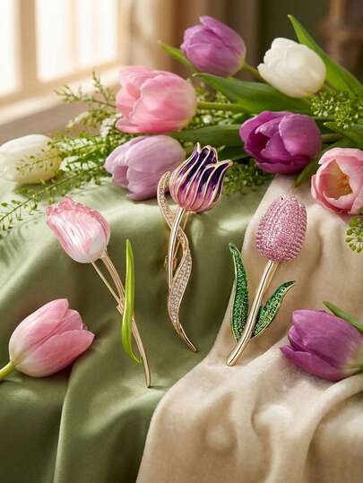 Ghim cài áo hình hoa tulip tráng men cao cấp - Ghim cài hình cây dành cho nữ, phụ kiện trang sức thường ngày, dự tiệc / Quà tặng bạn bè, huy hiệu trang trí