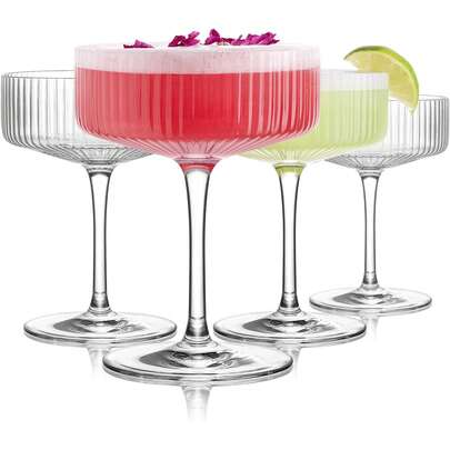 Bộ ly coupe bằng acrylic trong suốt có gân, dung tích 2-8 oz (khoảng 226,8g), không vỡ, dùng cho cocktail, martini và champagne - đường kính khoảng 10,2cm, cao khoảng 14,0cm, ly nhựa coupe tái sử dụng, dùng trong nhà và ngoài trời.