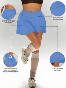 1 Pack Wide Waistband Pleated Sports Skort Blue Skirt With Phone Pockettennis Skirt - Blue - View 5