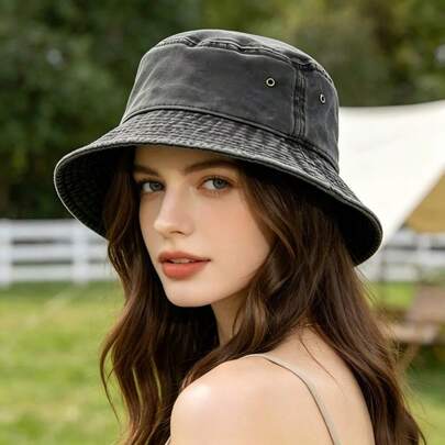 1顶女士纯色水洗渔夫帽，可折叠做旧钓鱼帽，男女通用户外防晒帽，适合日常佩戴