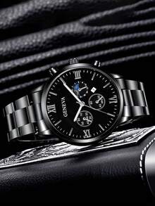 1pc/4pcs Set Business Men's Quartz Watch With Alloy Strap, Button Battery, Calendar, Quartz Watch, Pen, Wallet, Keychain, Best Gift For Father, Boyfriend (No Box) - Black - View 7