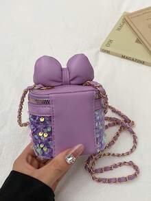 1 chiếc túi đeo chéo mini thời trang cho bé gái, chất liệu PU, có nơ đính sequin và khóa kéo, phù hợp cho mọi mùa và sử dụng hàng ngày. - A - Xem 7