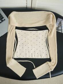 Bộ đồ 2 mảnh chấm bi gợi cảm mới mùa Xuân/Hè 2026 dành cho nữ, áo khoác cardigan dệt kim gân buộc dây, trang phục thanh lịch, đa năng cho công sở và hẹn hò. - Màu be - Xem 9