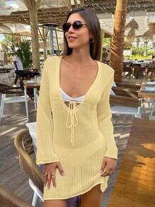 FOR BEAUTY Spring/Summer New Beach Cover-Up, Women's Solid Color Jacket, Minimalist Elegant Style, Vacation & Leisure, Bold & Forward, Sexy Girl See-Through, Beach Holiday & Music Festival Hollow Collar Shirt, Carnival White - 黃色 - 查看 5