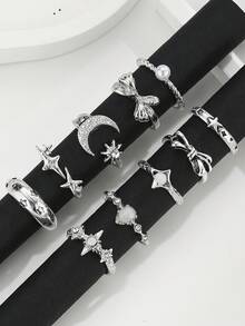 Bộ 10 chiếc nhẫn nữ kiểu retro hình ngôi sao, mặt trăng, nơ, mắt quỷ, phong cách punk cổ điển, có thể điều chỉnh độ mở và xếp chồng lên nhau, món đồ không thể thiếu cho các bữa tiệc mùa lễ hội. - Nhiều màu - Xem 5