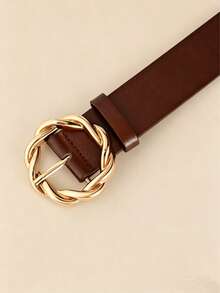1pc Women's New Twisted Gold Round Buckle Belt, Fashion Versatile Daily Wear Accessory - Coffee Brown - View 3