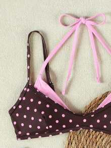 Nuevo conjunto de bikini primavera/verano retro de lunares y bloques de color con escote halter, casual, sexy y elegante, adecuado para la playa, vacaciones y fiestas - Multicolor - Ver 5