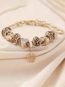 A Stylish Single-Layer Bracelet For Teen Featuring A New Leopard Print Crown Design With Beads, Exuding Elegance And Allure - Multicolor - View 7