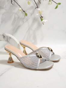 Sandal đế xuồng quai ngang bằng lưới bạc, khóa kim loại, kiểu dáng slip-on dành cho nữ. - Bạc - Xem 4