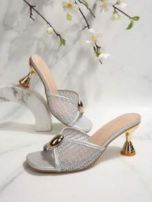 Sandal đế xuồng quai ngang bằng lưới bạc, khóa kim loại, kiểu dáng slip-on dành cho nữ. - Bạc - Xem 3