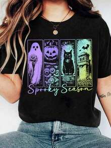 Nightmare Before Christmas Halloween Clothes, Women Halloween Costumes, Women Halloween T-Shirt With Ghost Pattern, Casual Neck Short Sleeve T-Shirt - màu đen - Xem 2